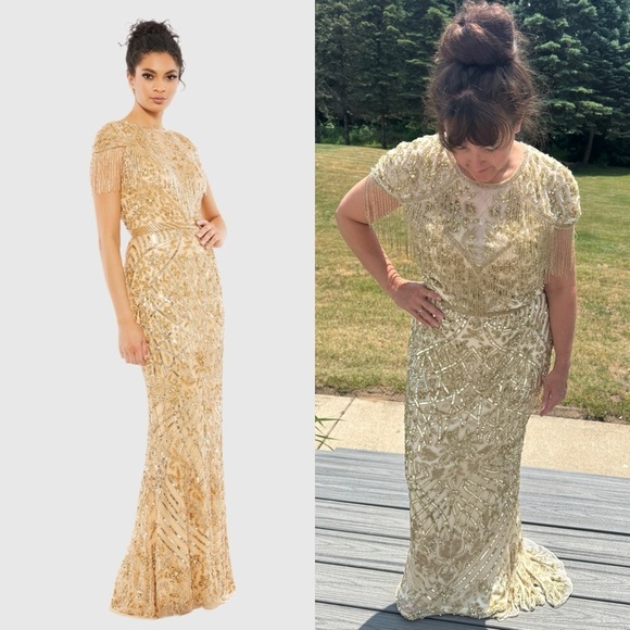 MAC DUGGAL Gold Embellished Fringe Cap Sleeve Trumpet Gown 10 - Picture 1 of 13